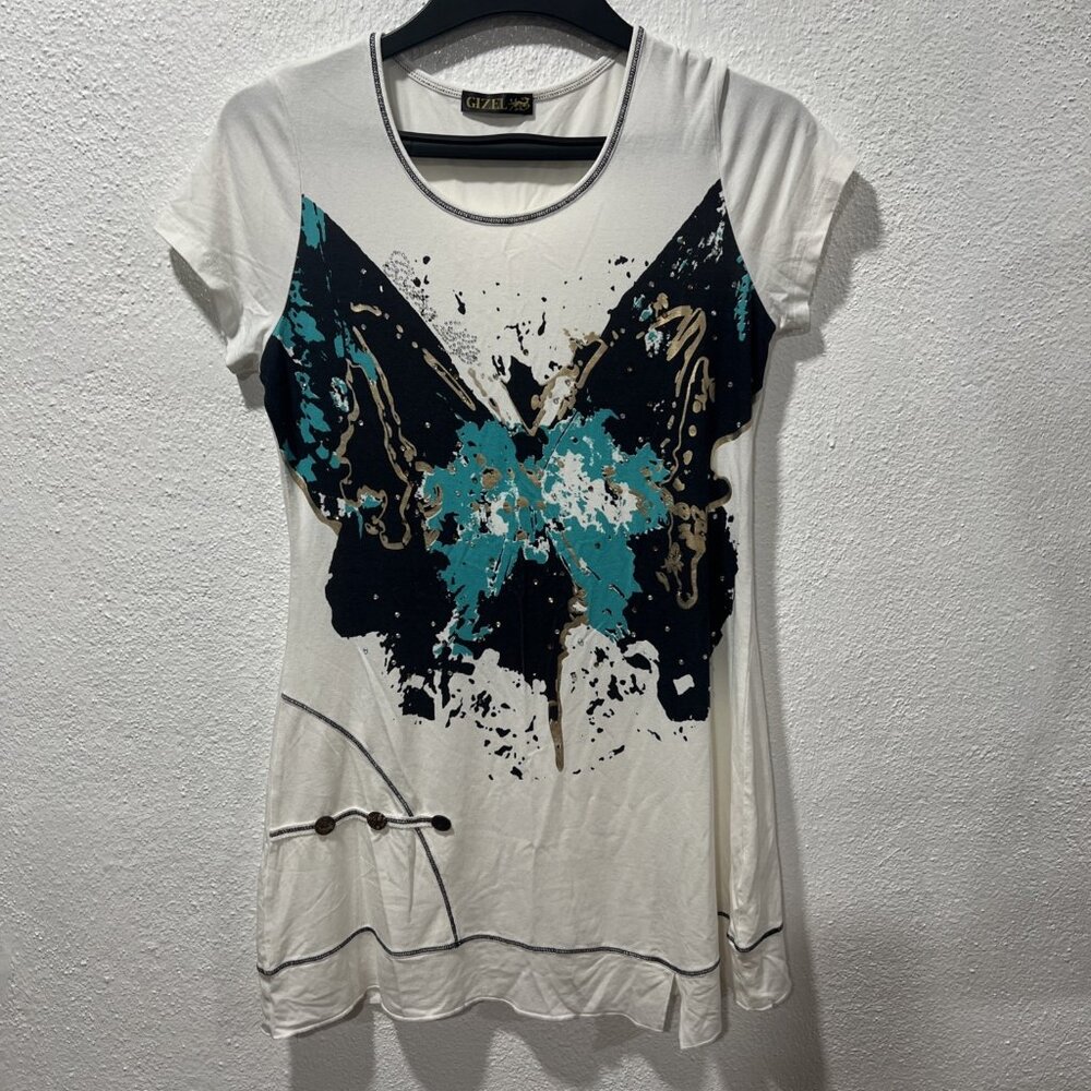 Gizel Mini Tunic‎ Dress Womens S  White Short Sleeve Sequins Beaded Button Trim